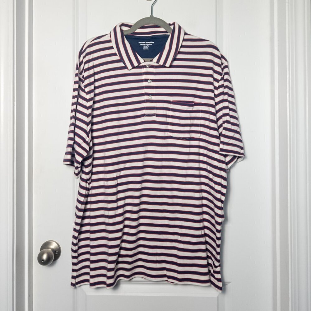 NWT Amazon Essentials Men's Polo with pocket - XL Red/Blue Striped